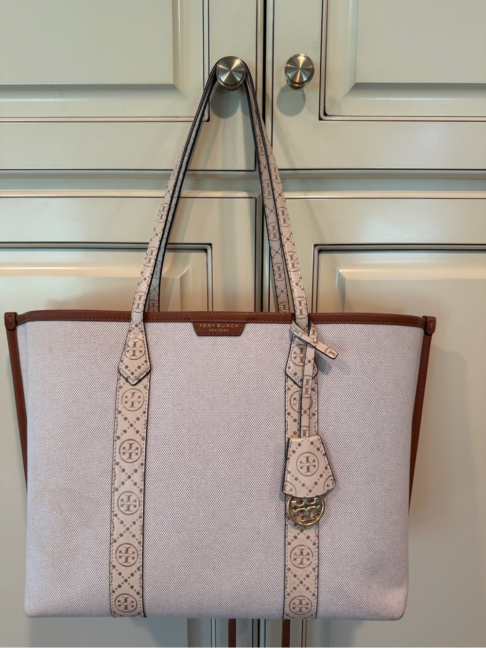 Tory Burch Cream Canvas Tote with Brown Trim and Logo Straps